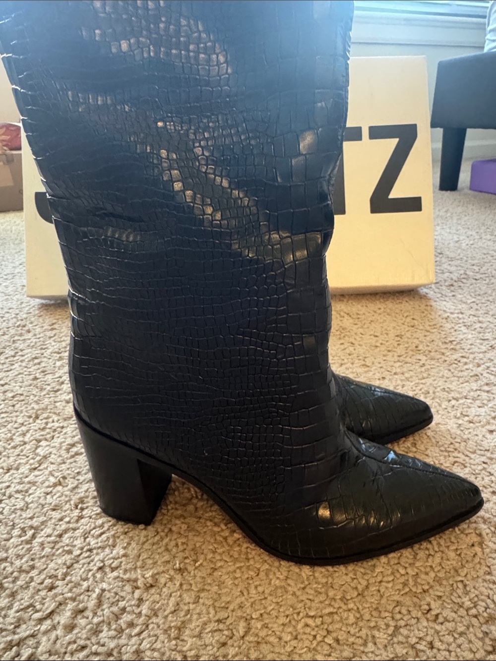 SCHUTZ Black Croc-Embossed Knee-High Boots - Picture 4 of 10